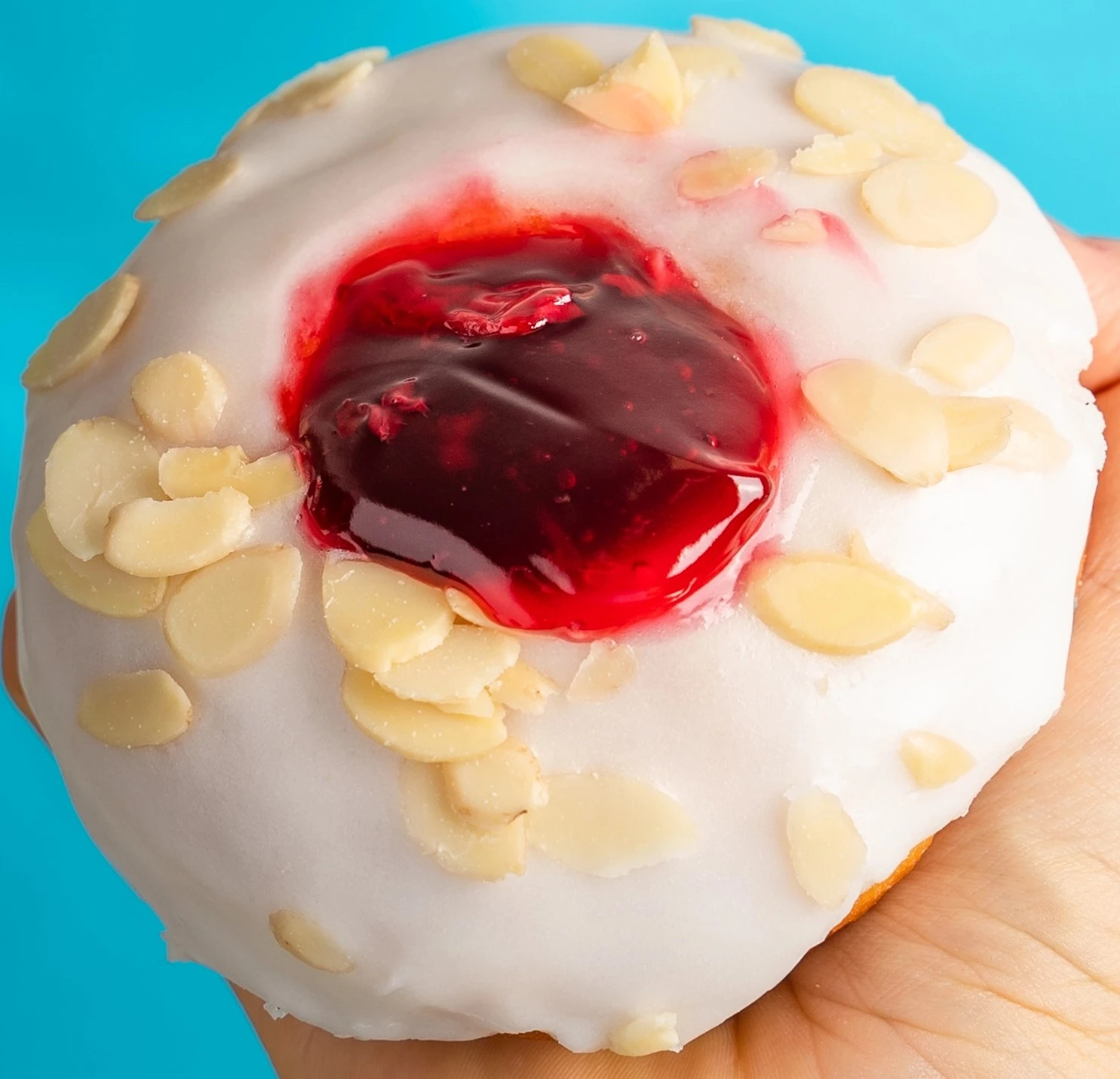 large bakewell doughnut with jam in the middle